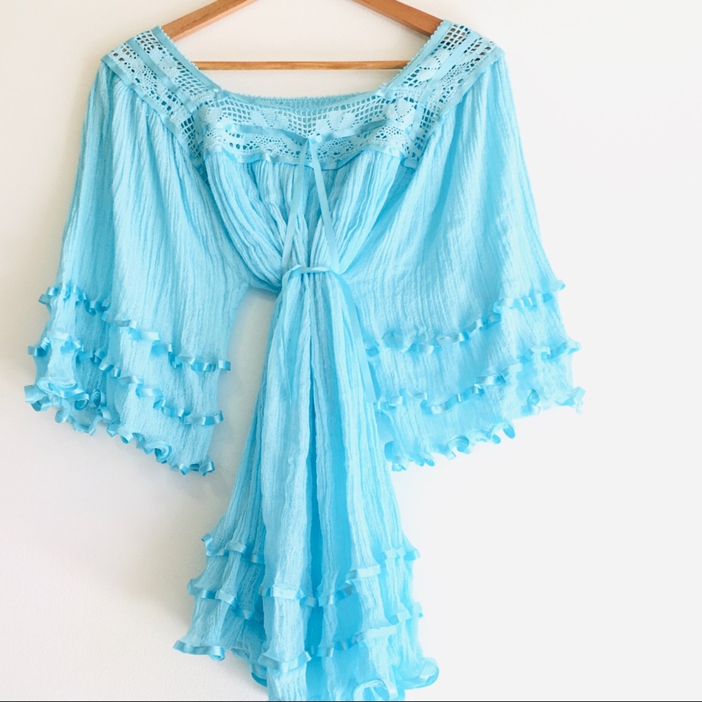 Mexican gauze Top Tunic Mini Dress Summer Boho Blouse Angel Sleeves